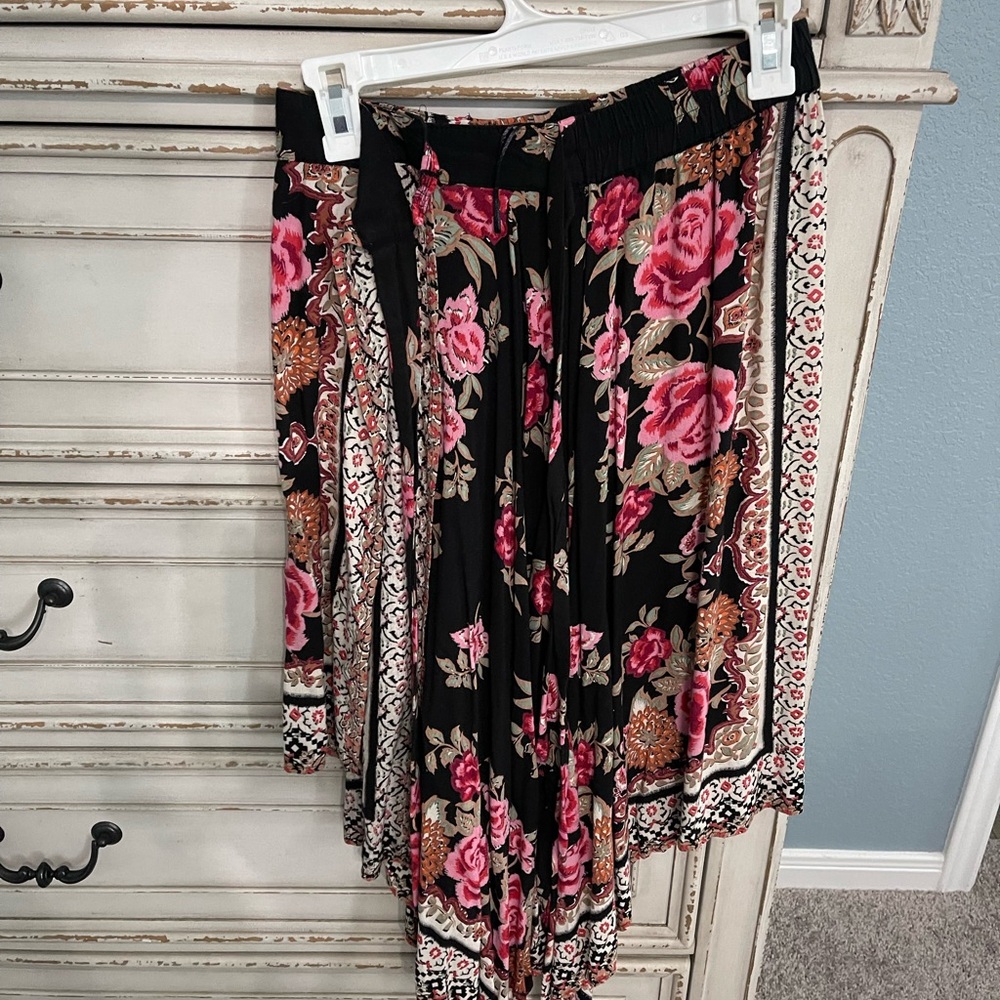 Angie Black and Pink Floral Midi Skirt